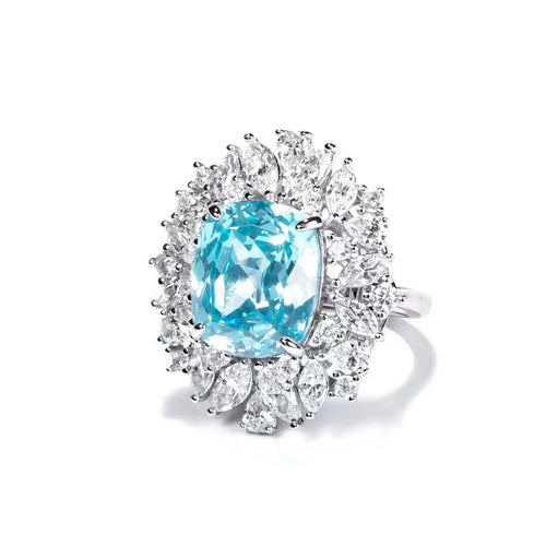 side view of Silver paraiba engagement ring with moissanites