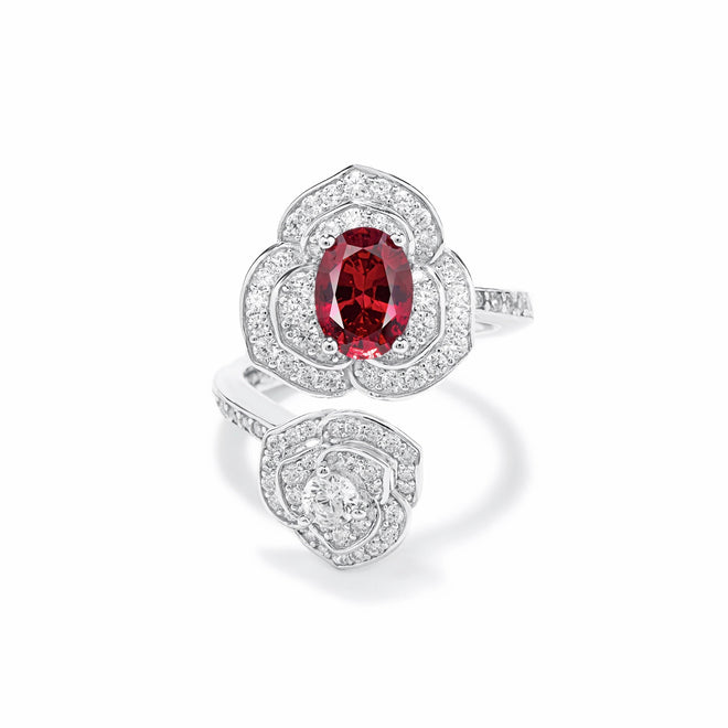 Red zircon floral engagement ring
