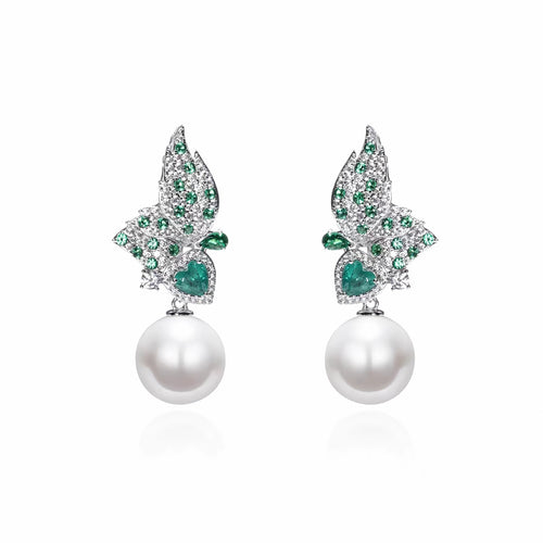 Floral design white pearl drop earrings in silver