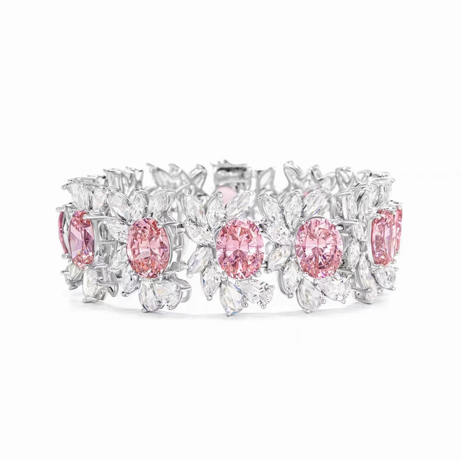 Oval pink zirconia fancy silver bracelet