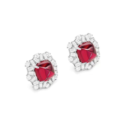 side view of Cabuchon red zircon silver halo earrings