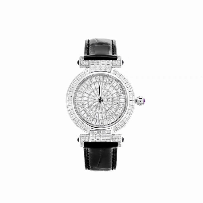 Wrist watch bracelet with zirconia in silver and leather band