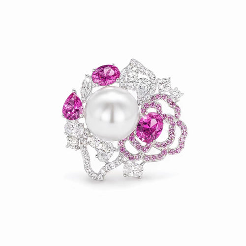 Pearl cocktail ring with pink zirconia in silver