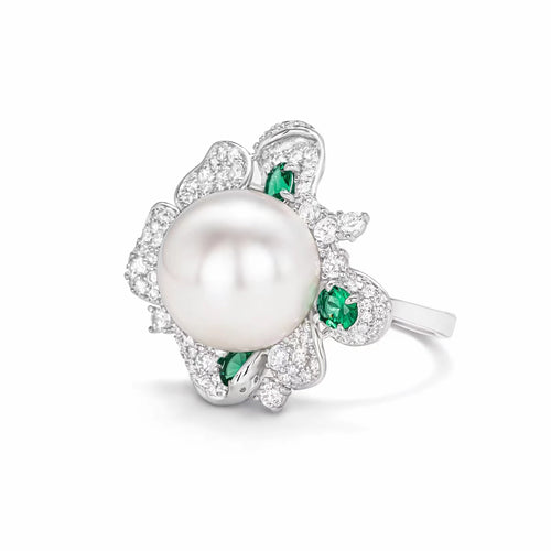 side view of White pearl cocktail ring in silver