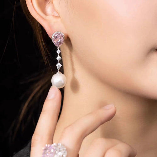 Pearl drop earrings with pink zircons