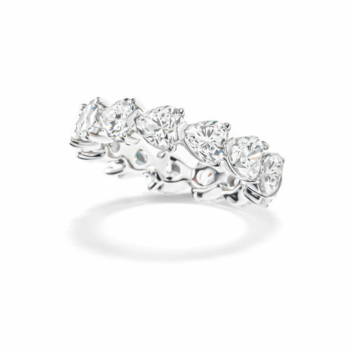 side view of Heart moissanite eternity wedding band in silver