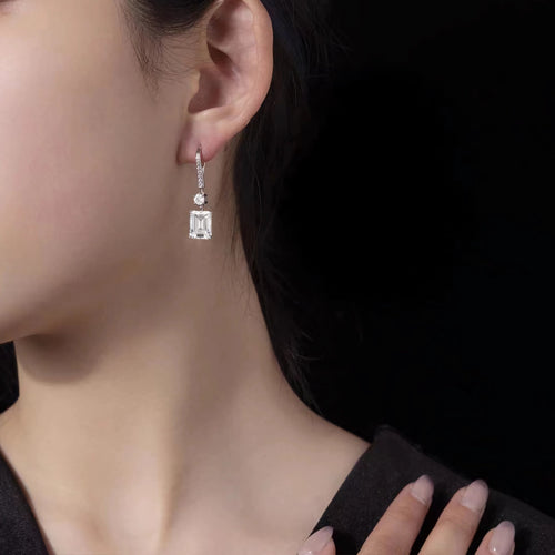 Emerald cut white zircon drop earrings