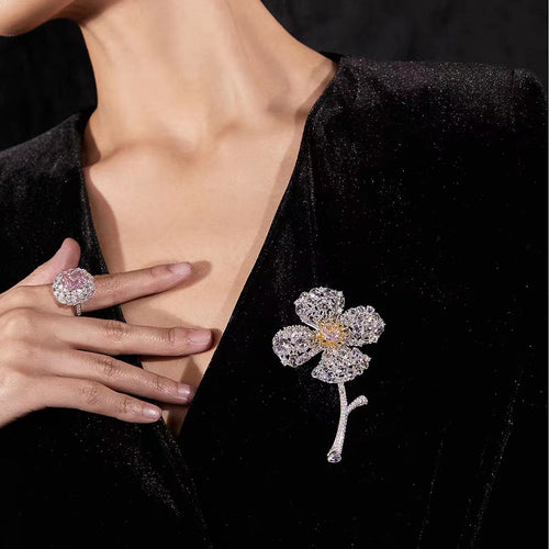 lady wearing Pink zircon silver brooch 