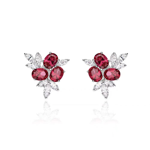 Oval red zircon silver earrings with marquise accent