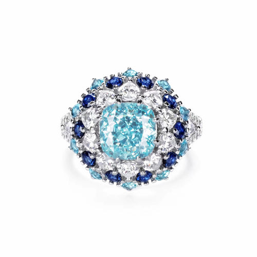 front view of Blue zircon fancy silver statement ring  