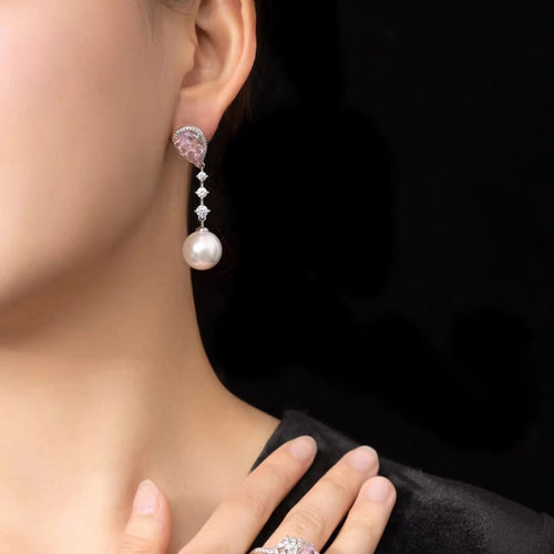 Pearl drop earrings with pink zircons