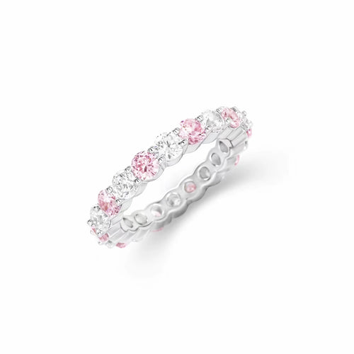 side view of Alternating round pink and  white zircon silver ring