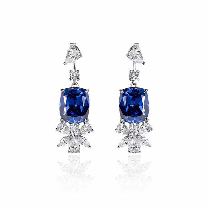 Cushion blue zircon silver dangling earrings