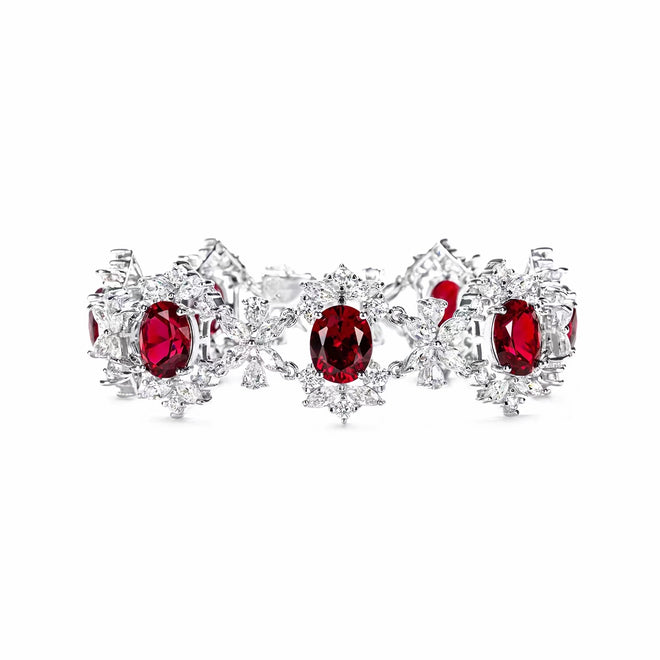 Red cubic zirconia silver bracelet with moissanites