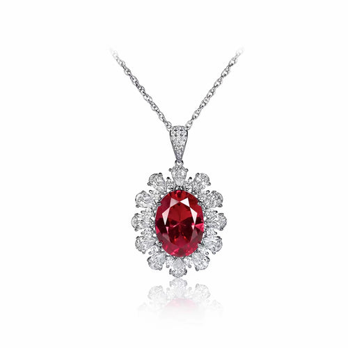 Red oval zircon halo necklace in silver