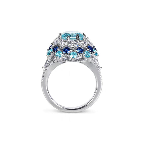 profile view of Blue zircon fancy silver statement ring  