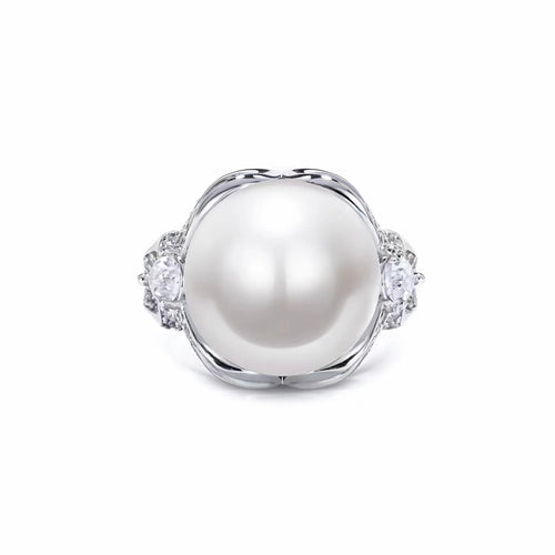 White pearl silver statement ring