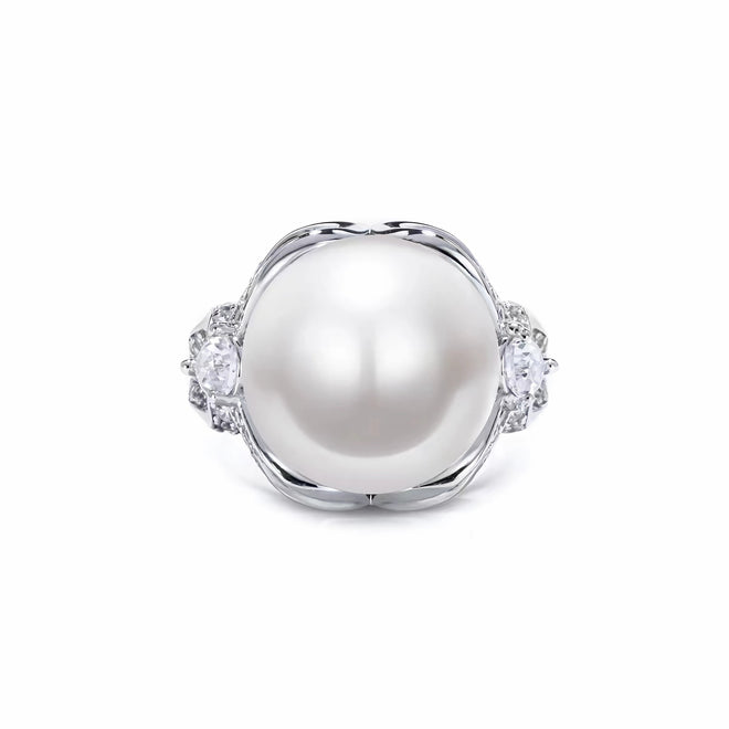 White pearl silver statement ring