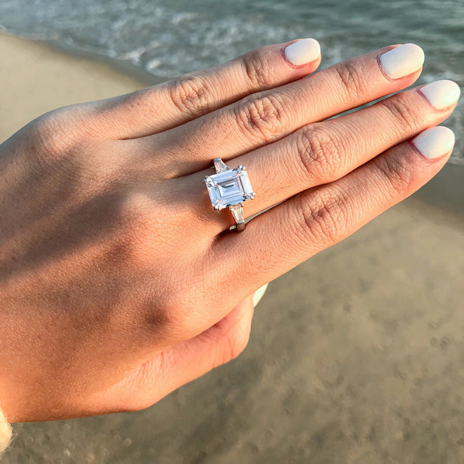 Emerald Cut Three-Stone White Zircon Ring