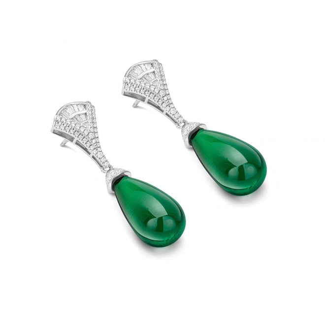 side view of Emerald green drop earrings with zircon pave