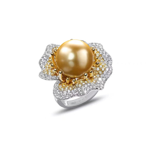 profile view of Yellow pearl cocktail engagement ring with gradient pavé in silver