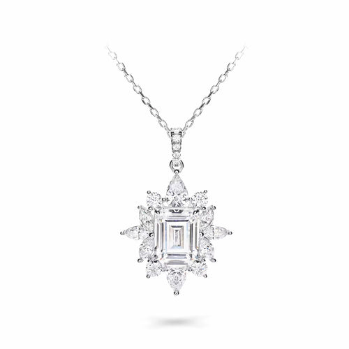 Emerald cut white zircon silver necklace