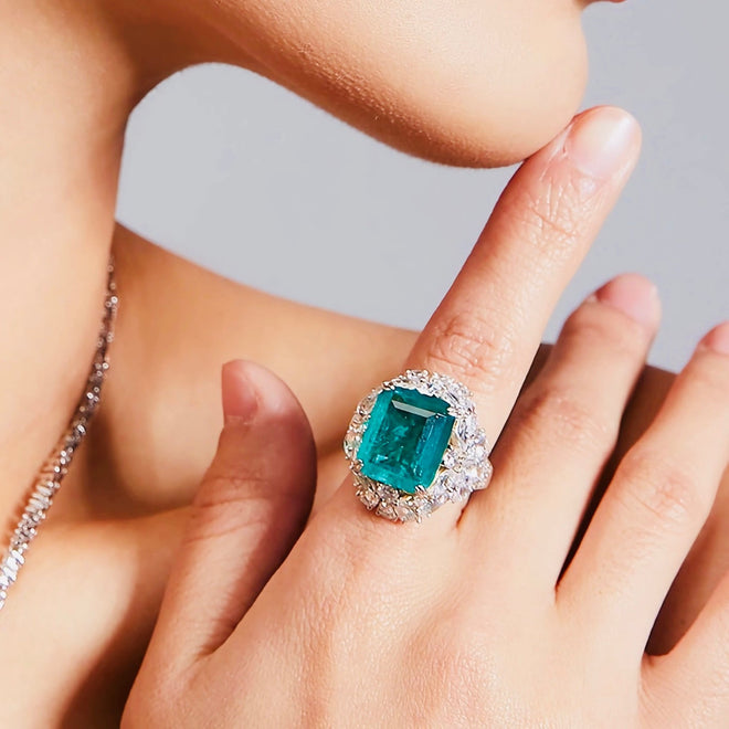 Emerald Green Zircon Statement Ring With Fancy Cut Pavé