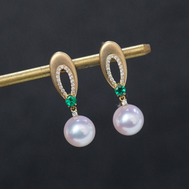 Akoya Pearl Earrings with Emerald Diamond