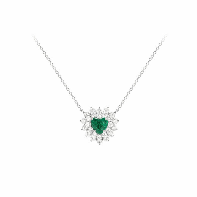 Heart cut emerald necklace with halo in silver