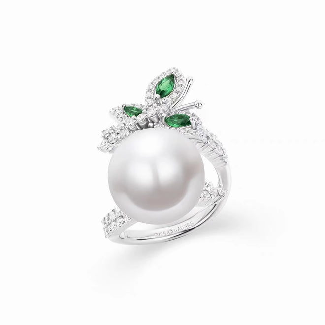 side view of White pearl cocktail ring in silver