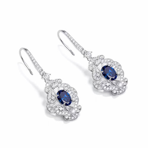 side view of Retro blue zircon drop earrings in silver 