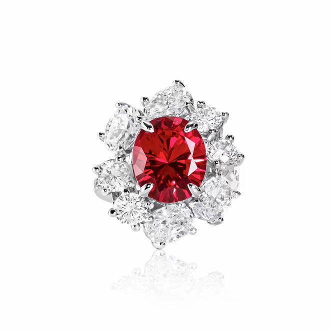 Red oval zircon halo engagement ring