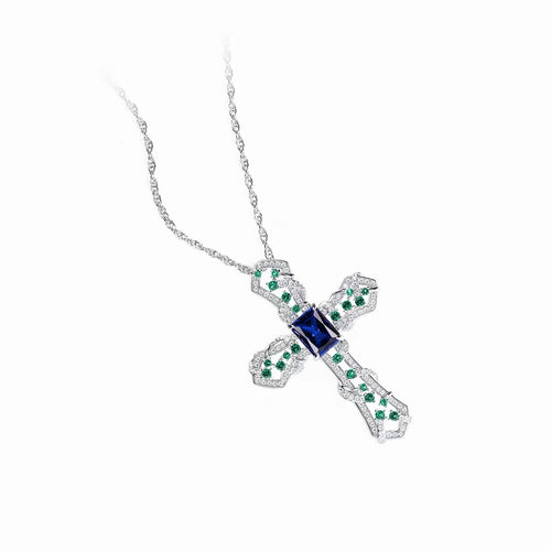 side view of Blue zircon cross necklace 