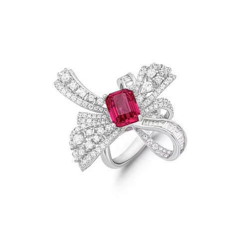 Engagement Ring With Red Zircon In Butterfly Design Ribbon Ring