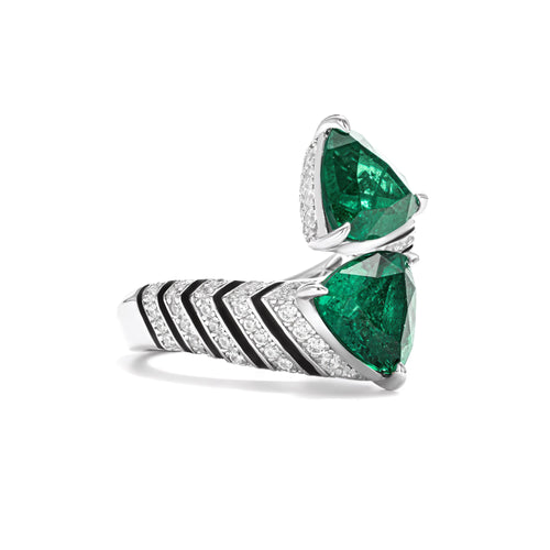 side view of Two-stone trillion emerald statement ring