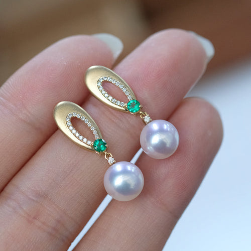 Akoya Pearl Earrings with Emerald Diamond