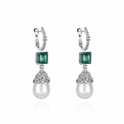 Pearl drop earrings with square green zircons