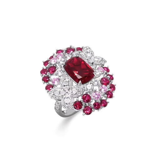 side view of Red zircon fancy silver statement ring  