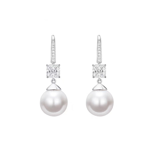 Pearl drop earrings with princess cut zirconia