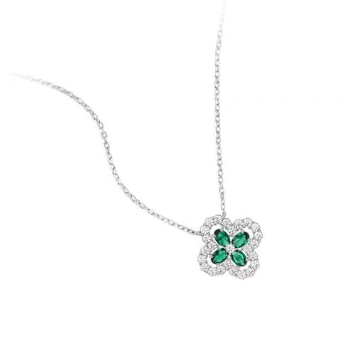 side view of Front view of Emerald green clover necklace with halo in silver