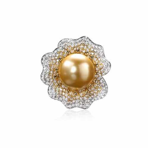 Yellow pearl cocktail engagement ring with gradient pavé in silver