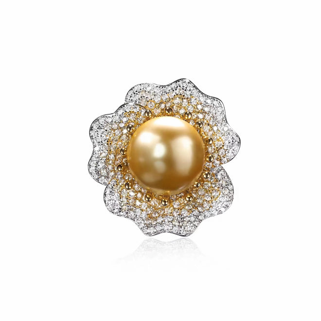 Yellow pearl cocktail engagement ring with gradient pavé in silver