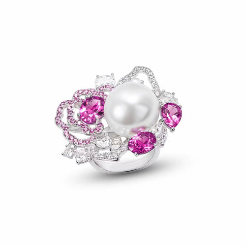 profile view of Pearl cocktail ring with pink zirconia in silver