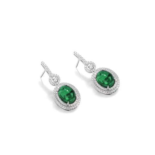 Pearl drop earrings with green cabuchon zircons