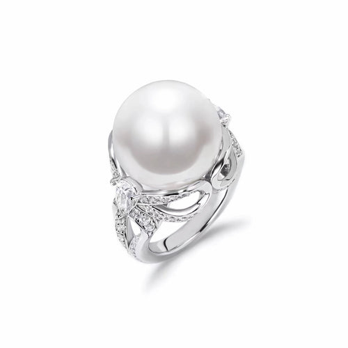 side view of White pearl silver statement ring