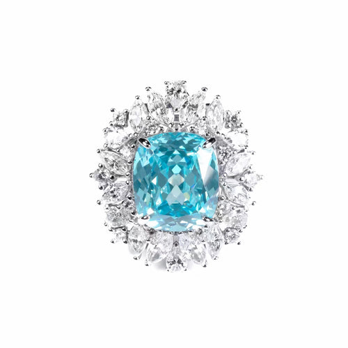 front view of Silver paraiba engagement ring with moissanites