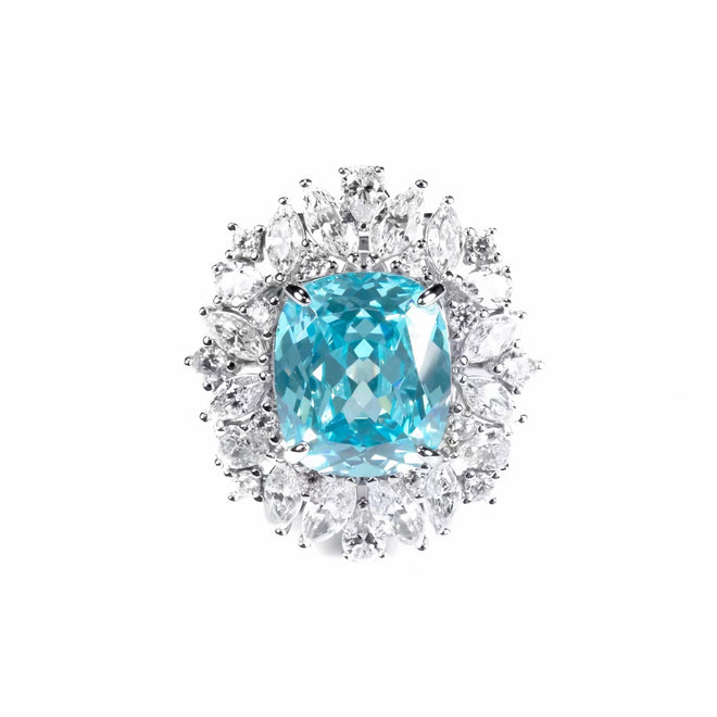 front view of Silver paraiba engagement ring with moissanites