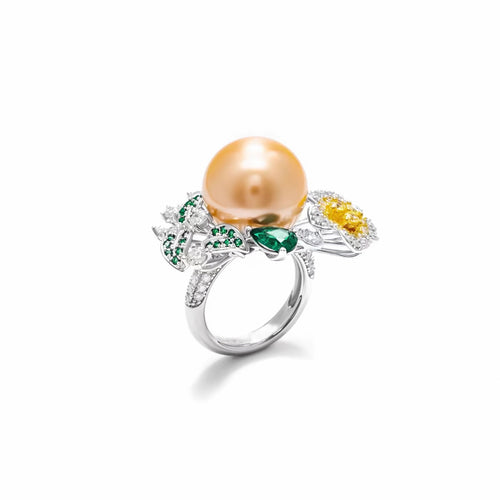 profile view of Yellow pearl cocktail engagement ring in silver