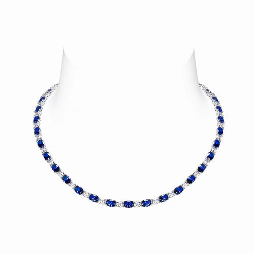 top view of Blue cubic zirconia alternating necklace in silver