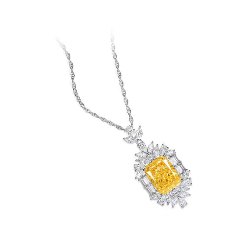 side view of Yellow radiant halo silver necklace 